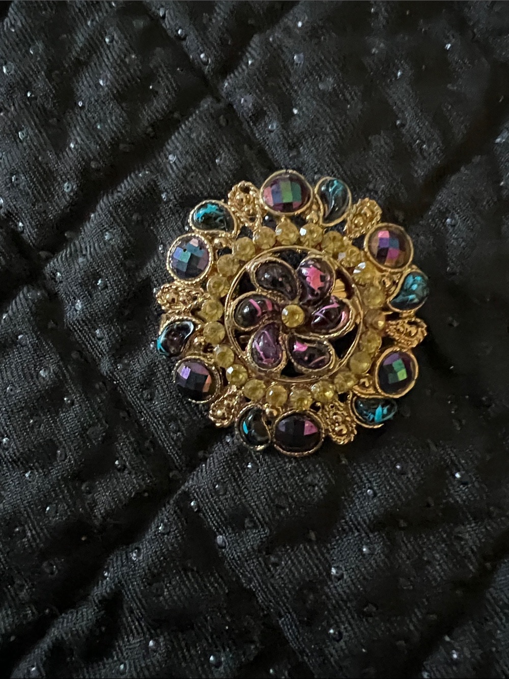 Gold-Tone Floral Crystal Brooch with Purple and Teal Accents